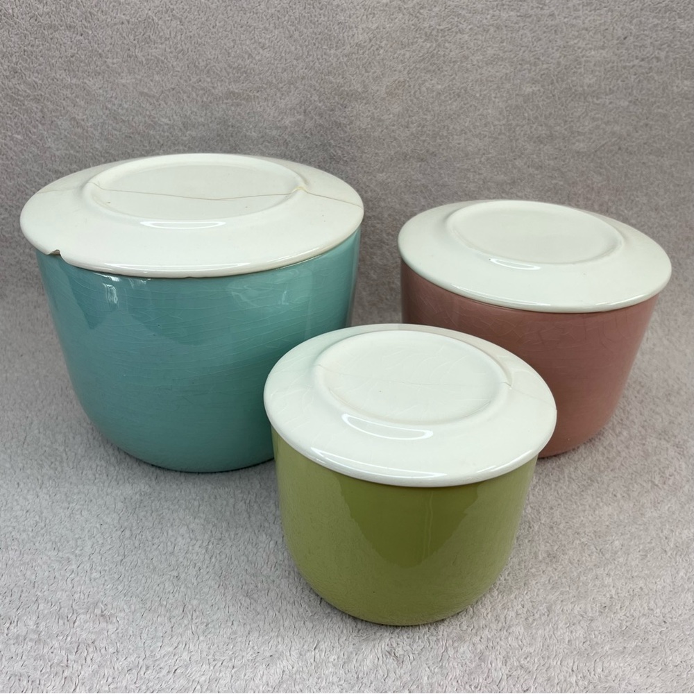 Vintage Harmony House Nesting Oven Proof Bowls w/Lids Green/Blue/Pink Collection